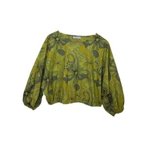 Bryn Walker Gianna Blouse Organic Cotton Retro Floral Balloon Sleeve Crop XS